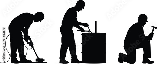 Black vector silhouettes of construction workers in hard hats using a jackhammer, working on a barrel, and holding a hammer