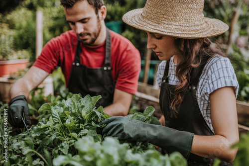 Gardening couple tending to green plants in a home garden