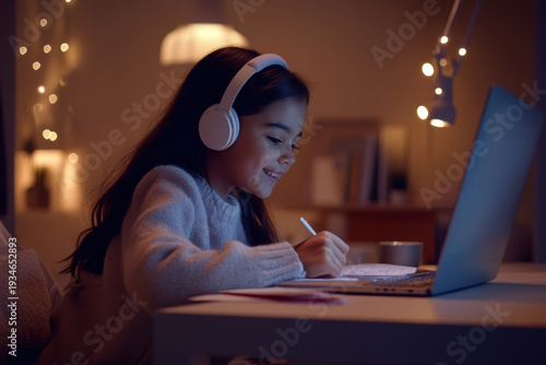 Girl studying at home with headphones and laptop during night