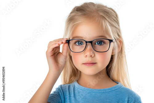 Child adjusting glasses, blue eyes and light blonde hair, studio portrait photography