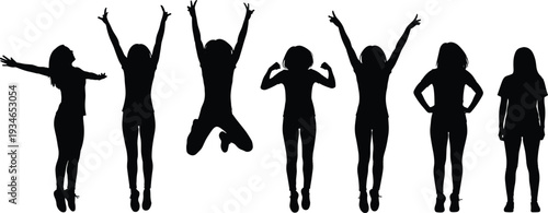 Collection of Active Women Silhouettes Jumping Cheering and Expressing Joy and Success with Arms Raised Isolated on White Background