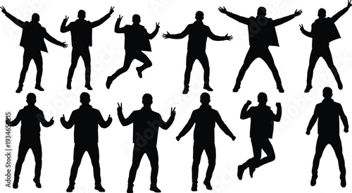 Collection of male silhouettes in various celebratory poses including jumping, gesturing victory, and arms raised isolated on white background