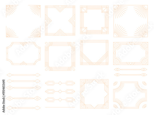 Luxury geometric golden frames and decorative borders set with vintage Arabic art deco ornaments, elegant retro design elements for invitations, packaging, branding, certificates, book covers, and pri