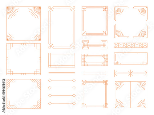 Luxury geometric golden frames and decorative borders set with vintage Arabic art deco ornaments, elegant retro design elements for invitations, packaging, branding, certificates, book covers, and pri