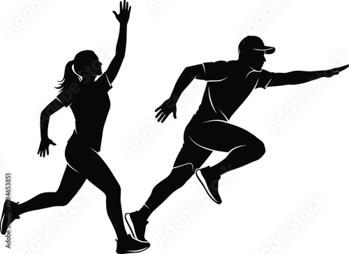 Dynamic silhouettes of man and woman running and sprinting isolated on white background for sports fitness marathon training and active lifestyle