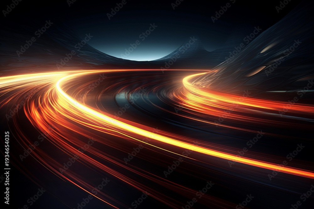 Fototapeta premium Orange light trails creating a dynamic abstract showing speed and movement on a dark background