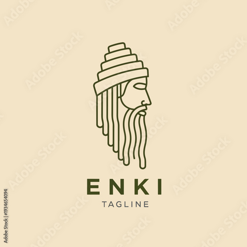 Minimalist vector illustration of an ancient mythological figure with a beard and layered headdress
