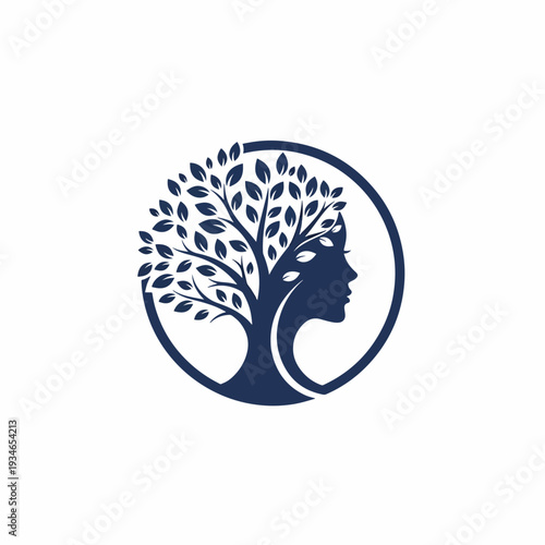 Elegant vector illustration of a woman's head merging with a vibrant tree, symbolizing growth, wisdom, and natural beauty.