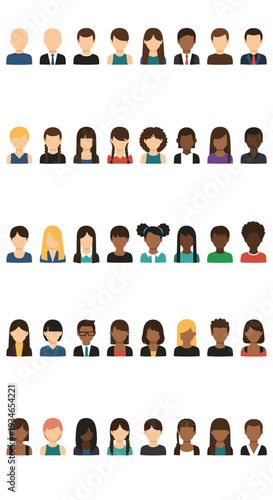 Five rows of diverse flat-design human avatars, showing only head and shoulders with varied features, are arranged on a pristine white background.