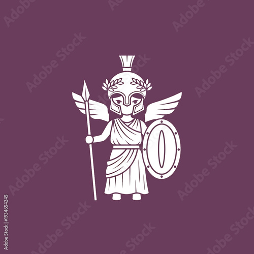Stylized Winged Greek Goddess Illustration with Spear and Shield, Ancient Myth Representation