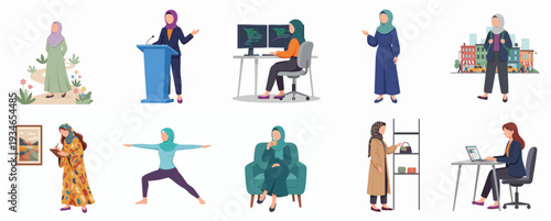 Diverse Flat Illustration of Modern Muslim Woman in Everyday Life Characters