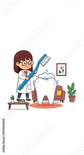 A friendly cartoon doctor in a lab coat diligently brushes a giant molar tooth with a large blue toothbrush in a cozy living room setting.
