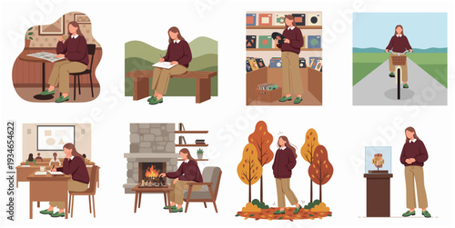 Flat Design Set of Woman Character in Different Scenes and Poses Illustration