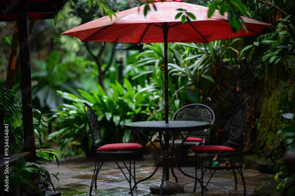 Fototapeta premium Rain falling on a red patio umbrella covering a table and chairs in a lush tropical garden setting