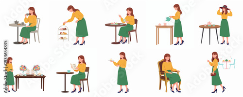 Flat Design Elegant Woman Doing Various Activities at Cafe and Teahouse