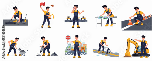 Cartoon Style Various Poses of Road Construction Worker Character Illustration Set