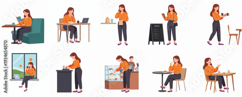 Flat Design Set of Female Character at Coffee Shop Illustration