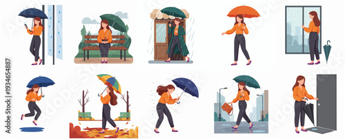 Cartoon Character Woman with Umbrella in Different Weather Conditions Illustration