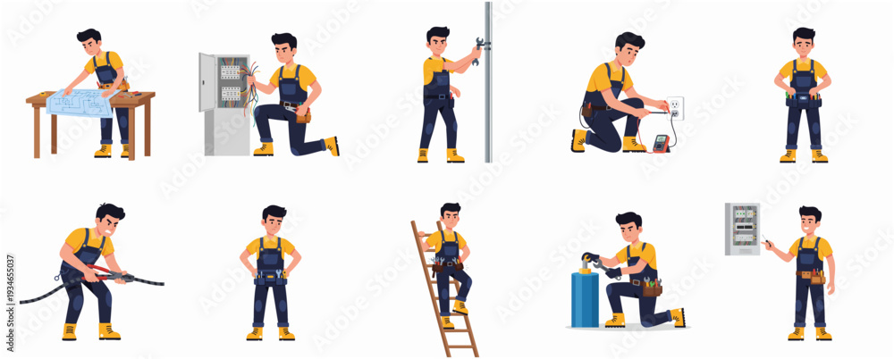 Fototapeta premium Cartoon Style Detailed Electrician Character in Various Poses and Actions Illustration