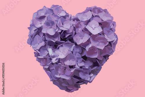Purple hydrangea flowers arranged in a heart shape on pink background vector illustration