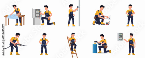 Cartoon Style Detailed Electrician Character in Various Poses and Actions Illustration