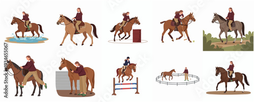 Simple Flat Illustration Set of Horse and Rider in Different Poses