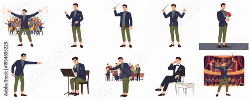 Flat Style Detailed Orchestra Conductor in Various Poses Illustration Set