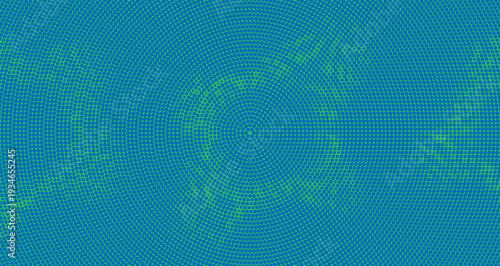 Abstract digital concentric circles and radiating lines pattern in vibrant blue and green hues creating a futuristic technological and complex geometric background with a sense of depth and motion