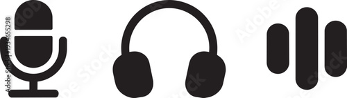 Audio equipment icons set featuring microphone studio headphones and sound wave volume bars art