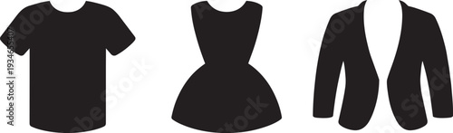 Minimalist clothing icons set featuring t shirt dress and jacket silhouettes for apparel store