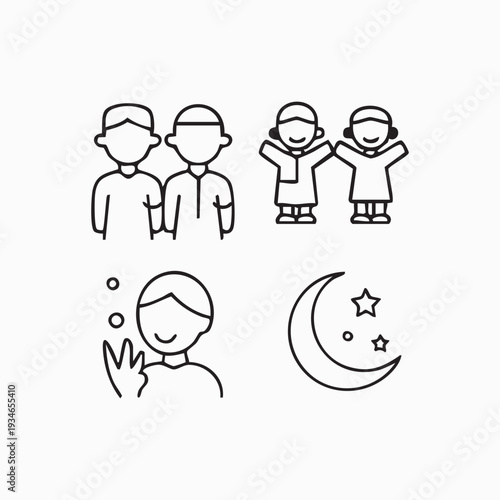 Simple line of people and crescent moon with stars family children