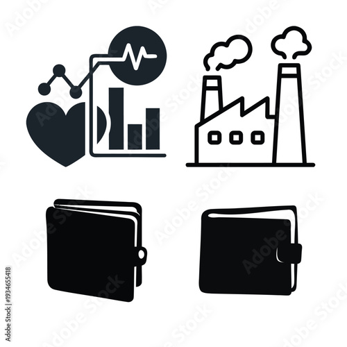 Health and industry on white background heart graph factory smokestack wallet