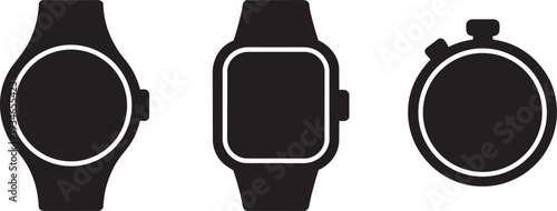 Round and square smartwatches and stopwatch icons on transparent background