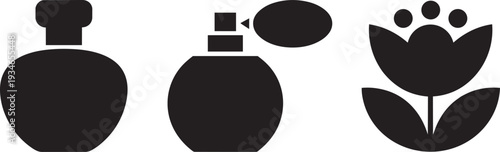 Perfume bottles and tulip flower icons in black silhouette on transparent background