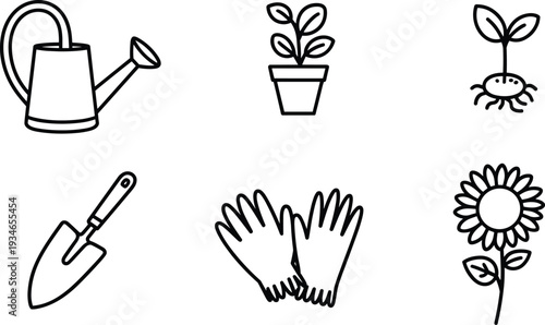 Set of simple line art icons for gardening and plants collection