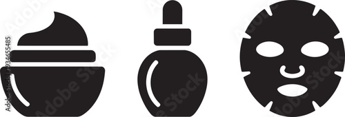 Skincare cream serum bottle and face mask icons in black silhouette on transparent