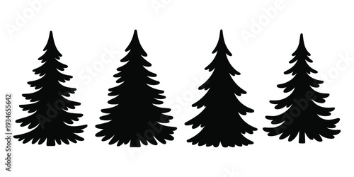 Silhouette of four stylized pine trees in varying sizes on a white background fir tree conifer