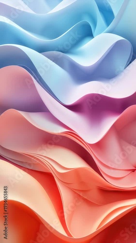 Soft gradient waves flow in gentle motion. Pastel hues blend seamlessly across undulating forms. Smooth curves ripple with subtle, soothing movement. Color transitions evoke calm and modern elegance