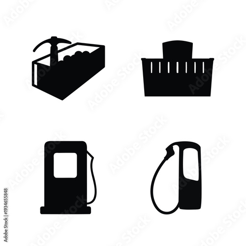 Mining and energy on white background pickaxe ship gas pump fuel nozzle