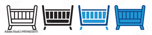 Newborn Crib Icon Set for Baby Nursery, Cradle, and Infant Illustrations. Vector Baby Cradle and Crib Icons for Newborn Care and Nursery Design.