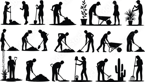 Silhouettes of People Gardening and Working with Plants and Tools Keywords: gardening, silhouettes, people, working, plants