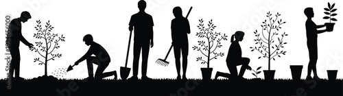 Silhouettes of people planting trees and gardening on white background Keywords: silhouettes, people, gardening, planting, trees