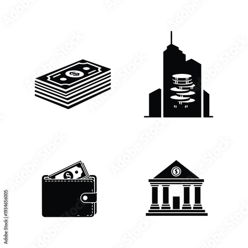 Money including stack of cash wallet bank building and city skyscraper