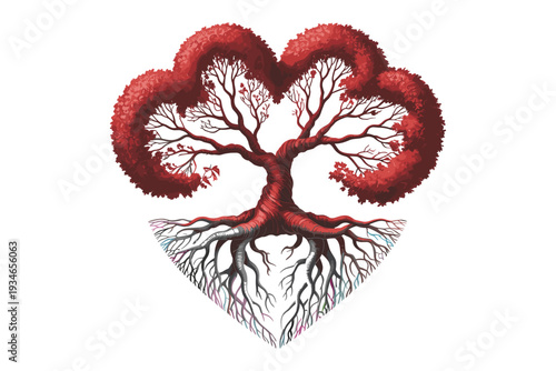 Stylized red tree with heart shaped branches and colorful roots on white Keywords: tree, red, heart, branches, roots, colorful
