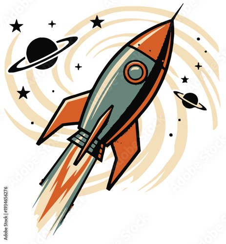 Bold retro-style illustration of a rocket launch over an alien landscape, featuring planets, a ringed planet, moon base domes and a futuristic skyline evoking adventure1