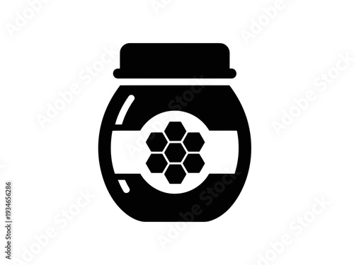 A black silhouette icon of a nice jar of yummy honey with a perfect honeycomb label