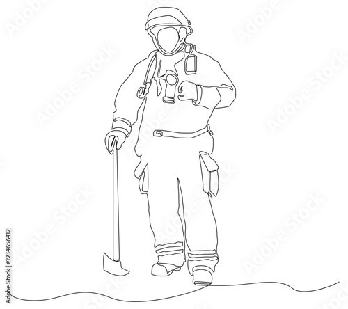 Monoline illustration of a firefighter in protective gear holding an axe. Ideal for safety campaigns, insurance materials, training manuals, and emergency services presentations.