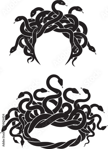 Intricate design featuring multiple intertwined snakes in black and white