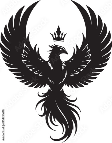 A striking black silhouette of a phoenix with a regal crown
