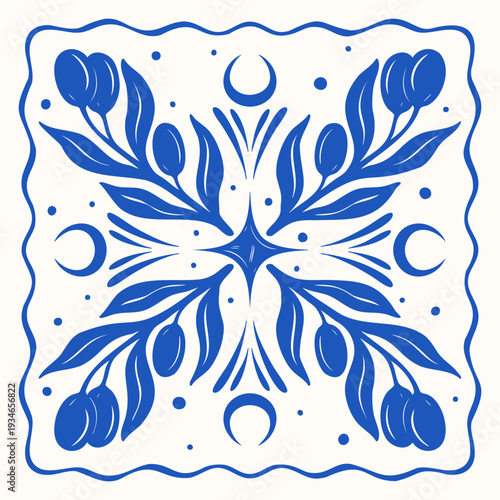 Hand drawn Mediterranean summer scarf print set. Decorative blue square composition with olive and crescent moon. Vector illustration.